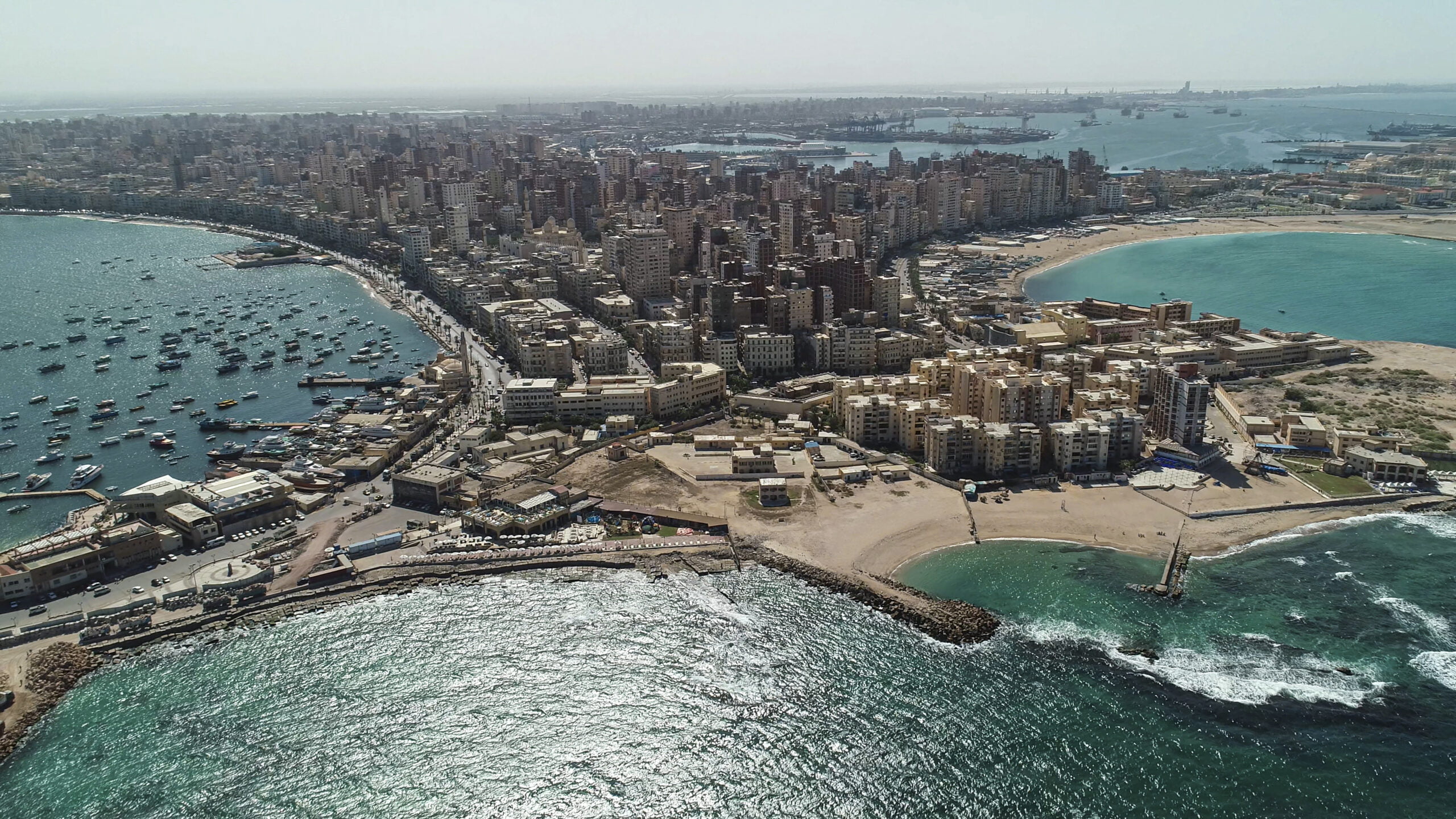 Aerial Drone shot over Egypt Alexandria City sea