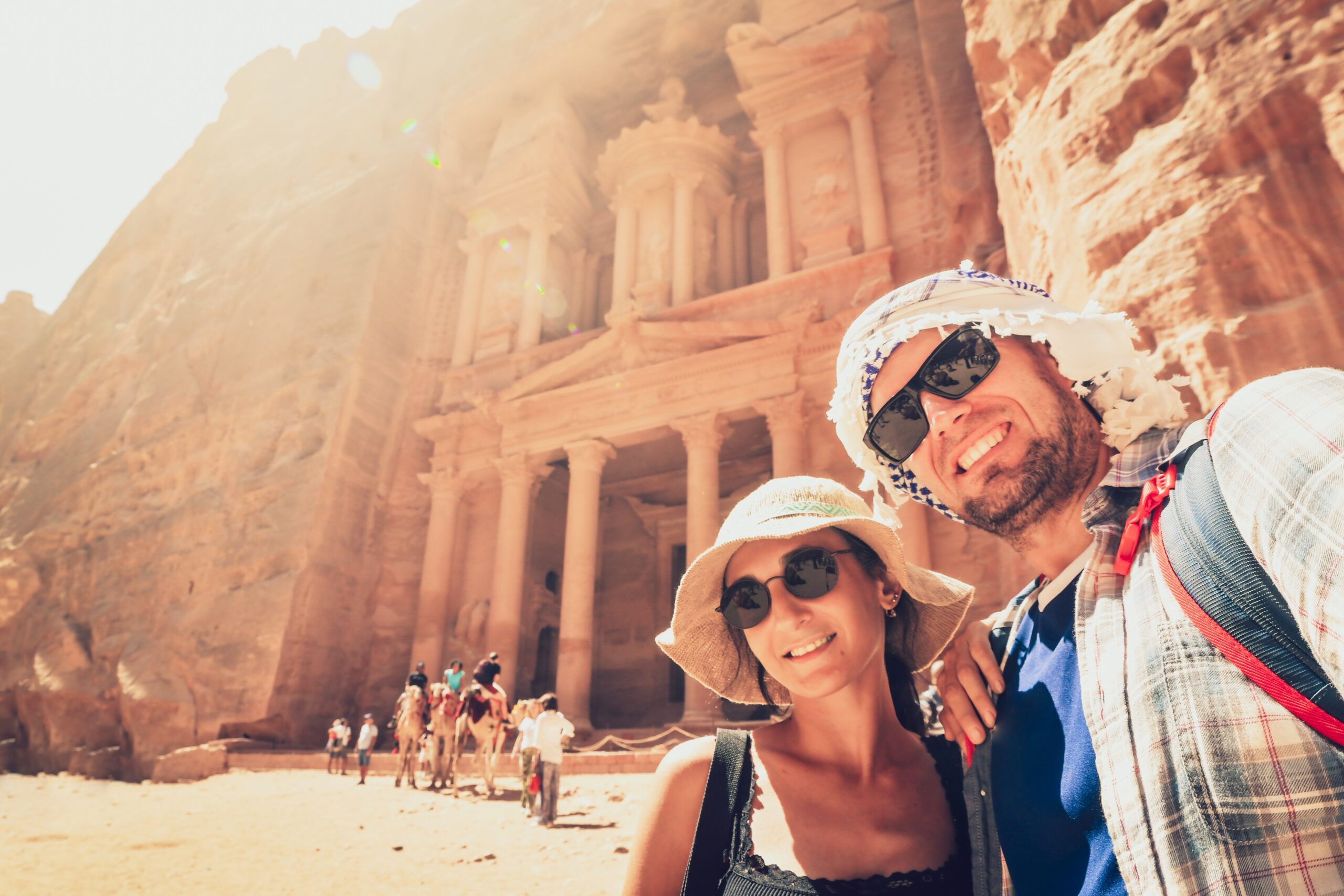 Young,Handsome,Couple,Excited,Taking,Selfie,In,Petra,By,Treasury
